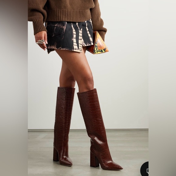 Paris Texas Anja knee-high boot pointed toe chunky heel brown croc leather 39 9 - Picture 2 of 16